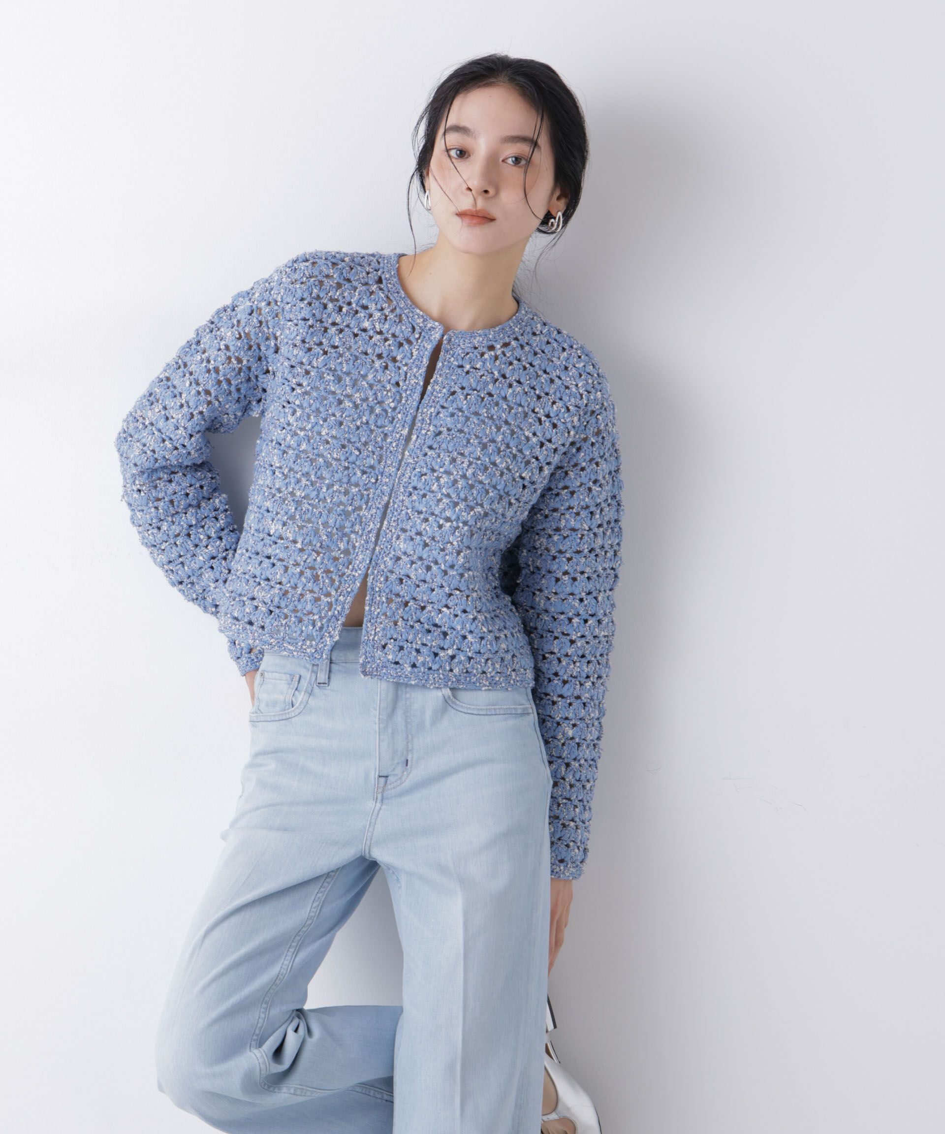 nano･universe「ミックスヤーンクロシェカーディガン」|ニット・セーター|ブルー