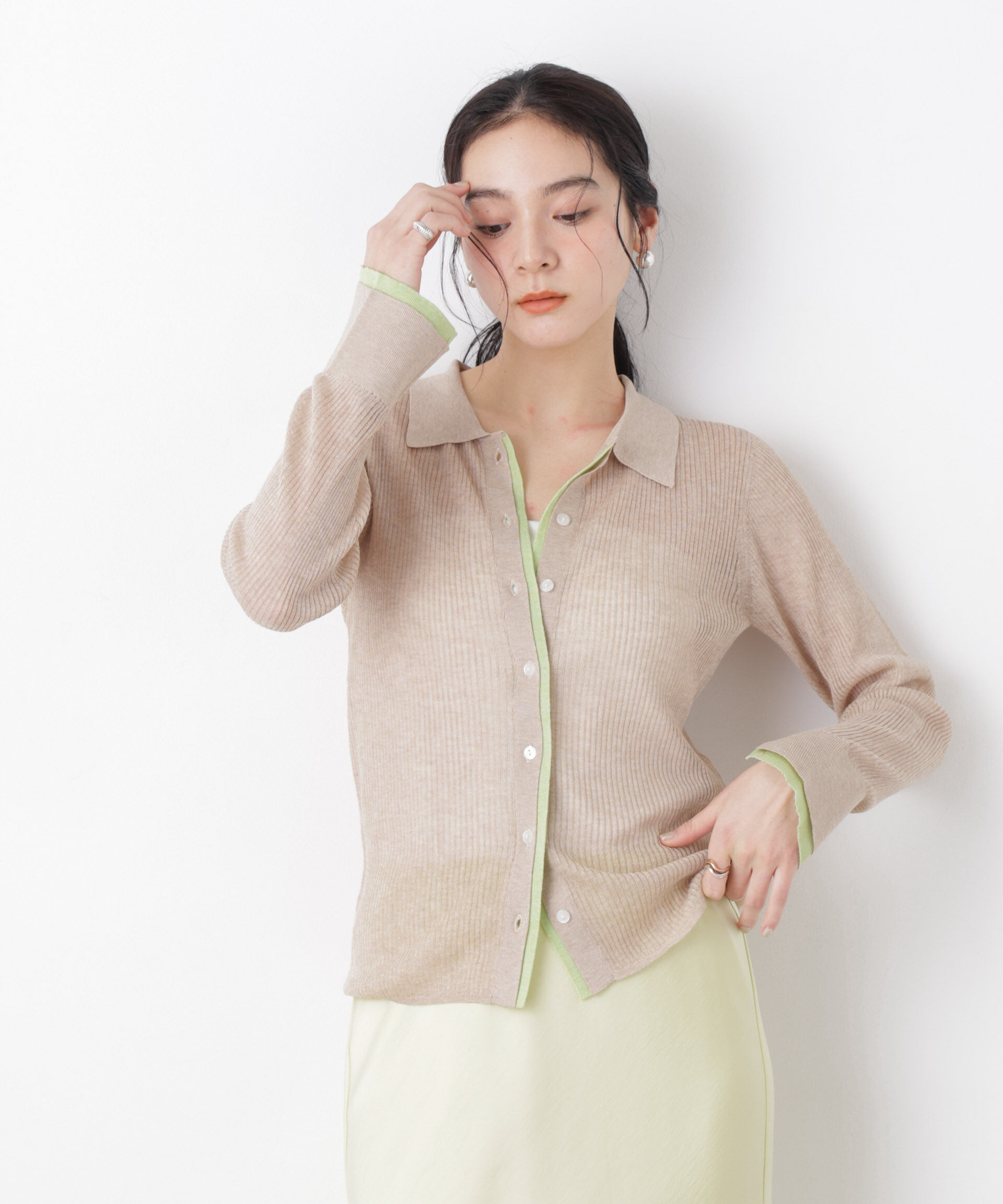 nano･universe「バイカラーシアーリブ衿付きカーディガン」|ニット・セーター|