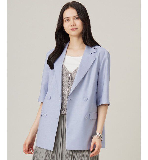 自由区「【洗える】ハーフスリーブ ジャケット」|テーラードジャケット|サックス