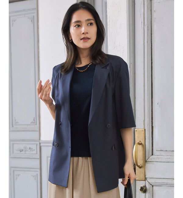 自由区「【洗える】ハーフスリーブ ジャケット」|テーラードジャケット|ネイビー
