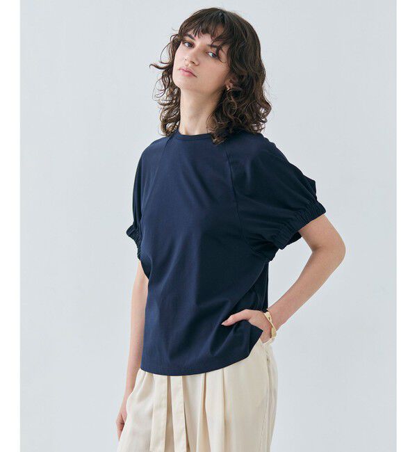 BEIGE,「【洗える】STOCK / オーガニックコットン半袖ギャザートップス」|Tシャツ・カットソー|Navy