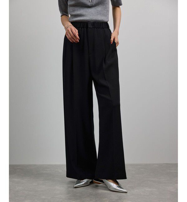 ROPE「【洗える・カセット服・新色追加】バックサテンイージーワイドパンツ/お仕事・通勤・セットアップ対応」|チノ|ブラック(01)
