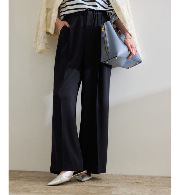 ROPE「【洗える・カセット服・新色追加】バックサテンイージーワイドパンツ/お仕事・通勤・セットアップ対応」|チノ|ネイビー(40)