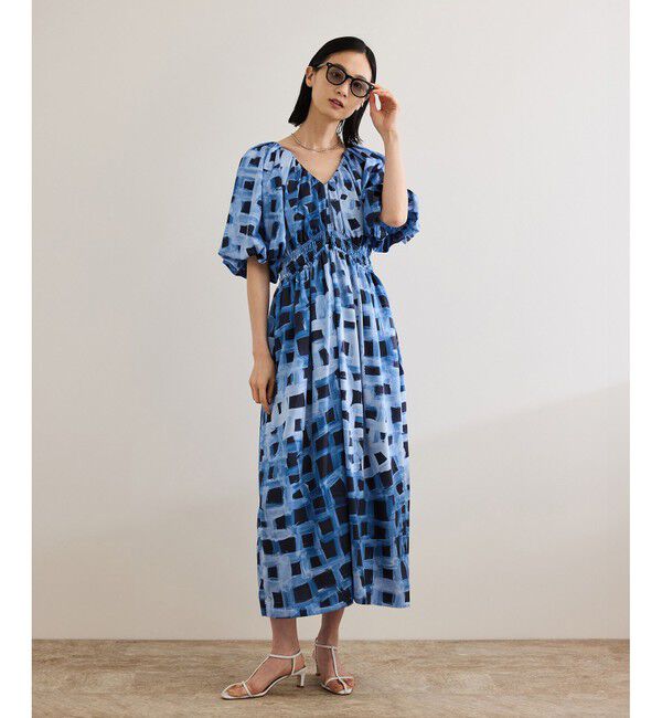 ROPE「スクエア ジオメトリックプリントワンピース/洗える」|ドレス|ブルー(44)