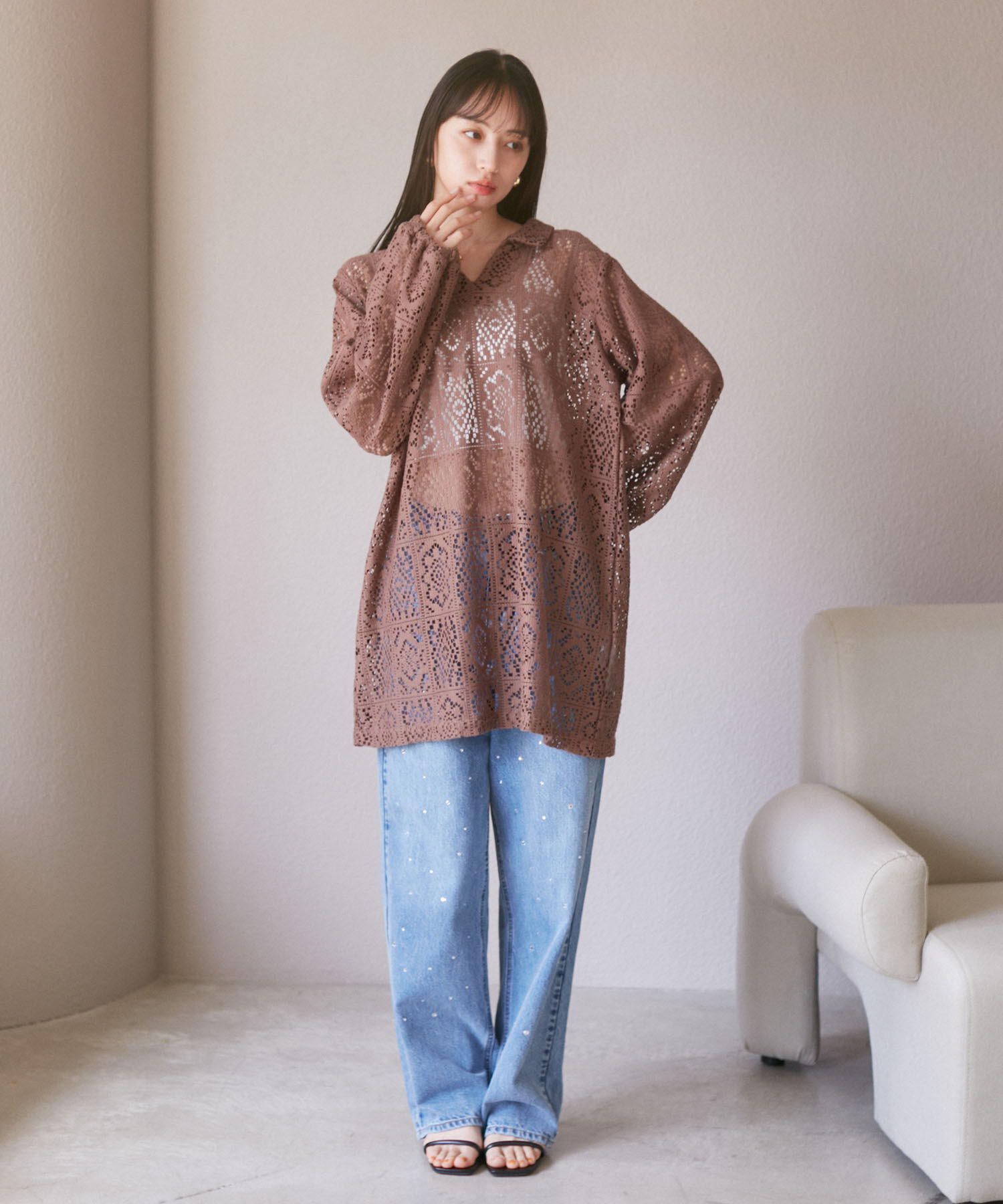 VIS「衿付きVネックレースミニワンピース」|ワンピース|