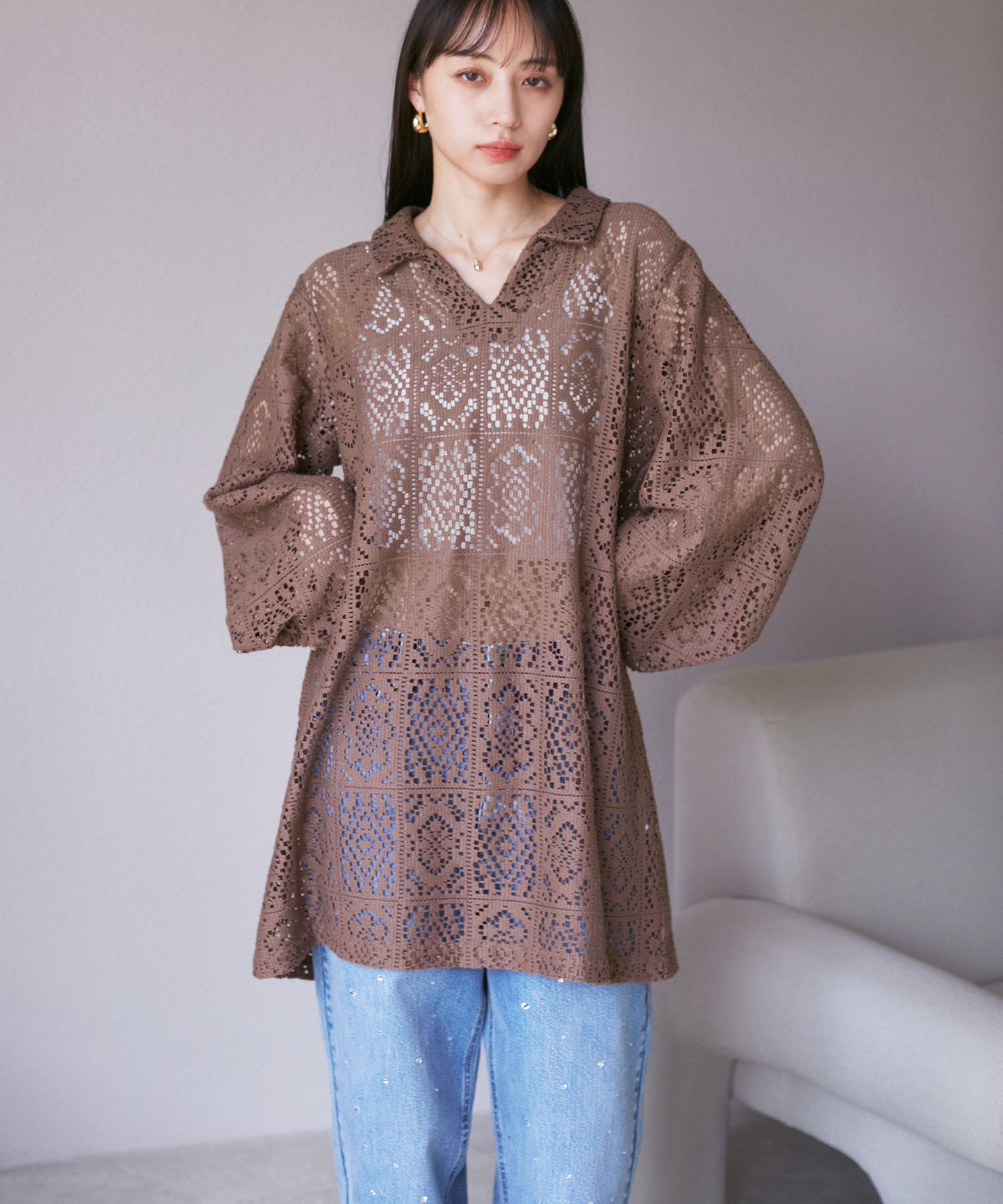 VIS「衿付きVネックレースミニワンピース」|ワンピース|ブラウン系(23)