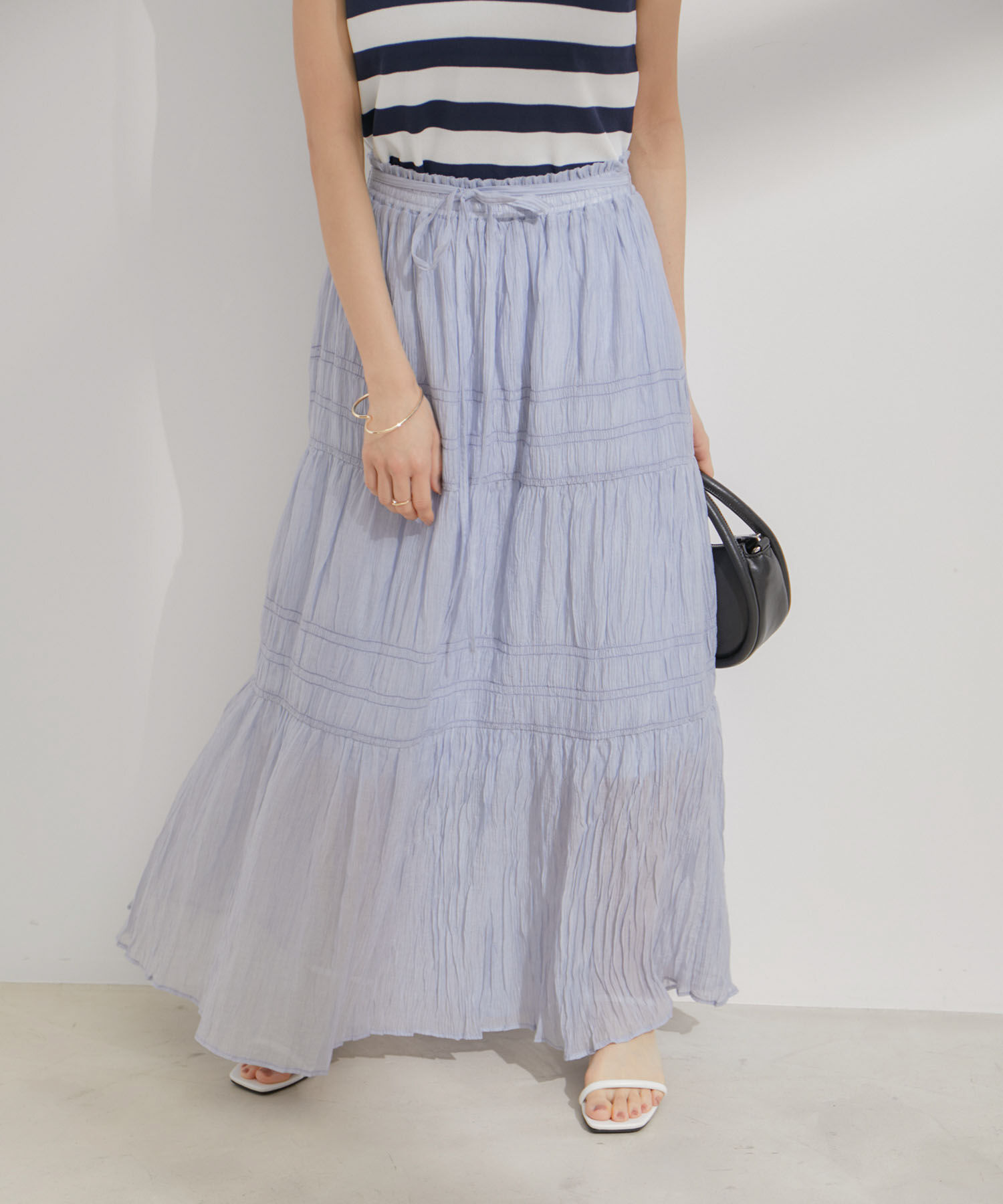 VIS「柄＆無地アソートシャーリングティアードスカート」|スカート|サックス(48)