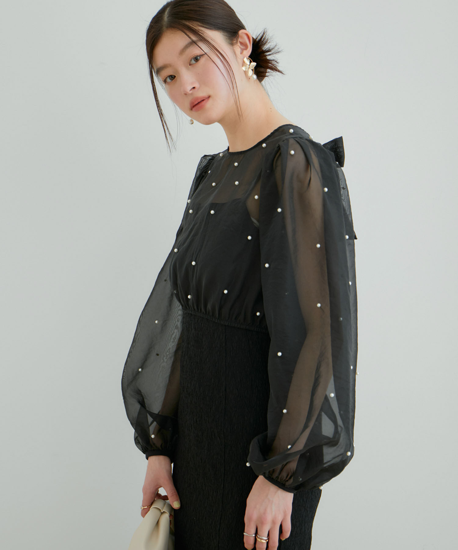 VIS「【新色追加】【VIS DRESS】チュールパールブラウス＆ジャガードワンピースセット」|ドレス|