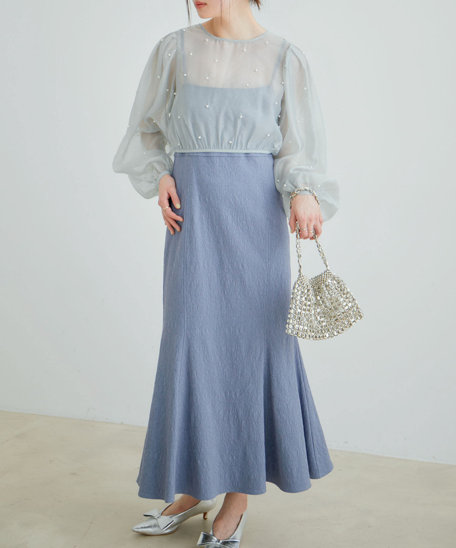 VIS「【新色追加】【VIS DRESS】チュールパールブラウス＆ジャガードワンピースセット」|ドレス|