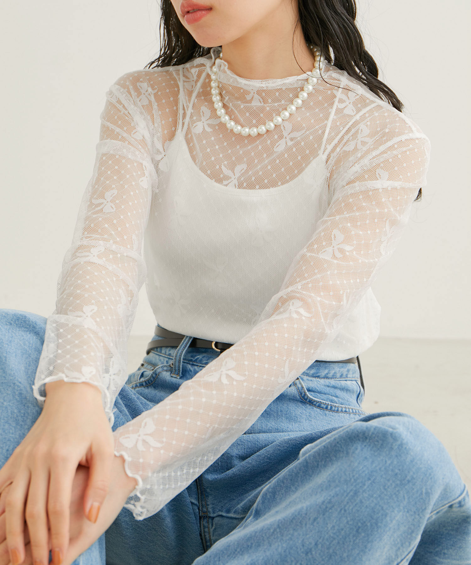 VIS「【WEB/一部店舗限定】リボンモチーフチュールプルオーバー」|Tシャツ・カットソー|ホワイト系(11)