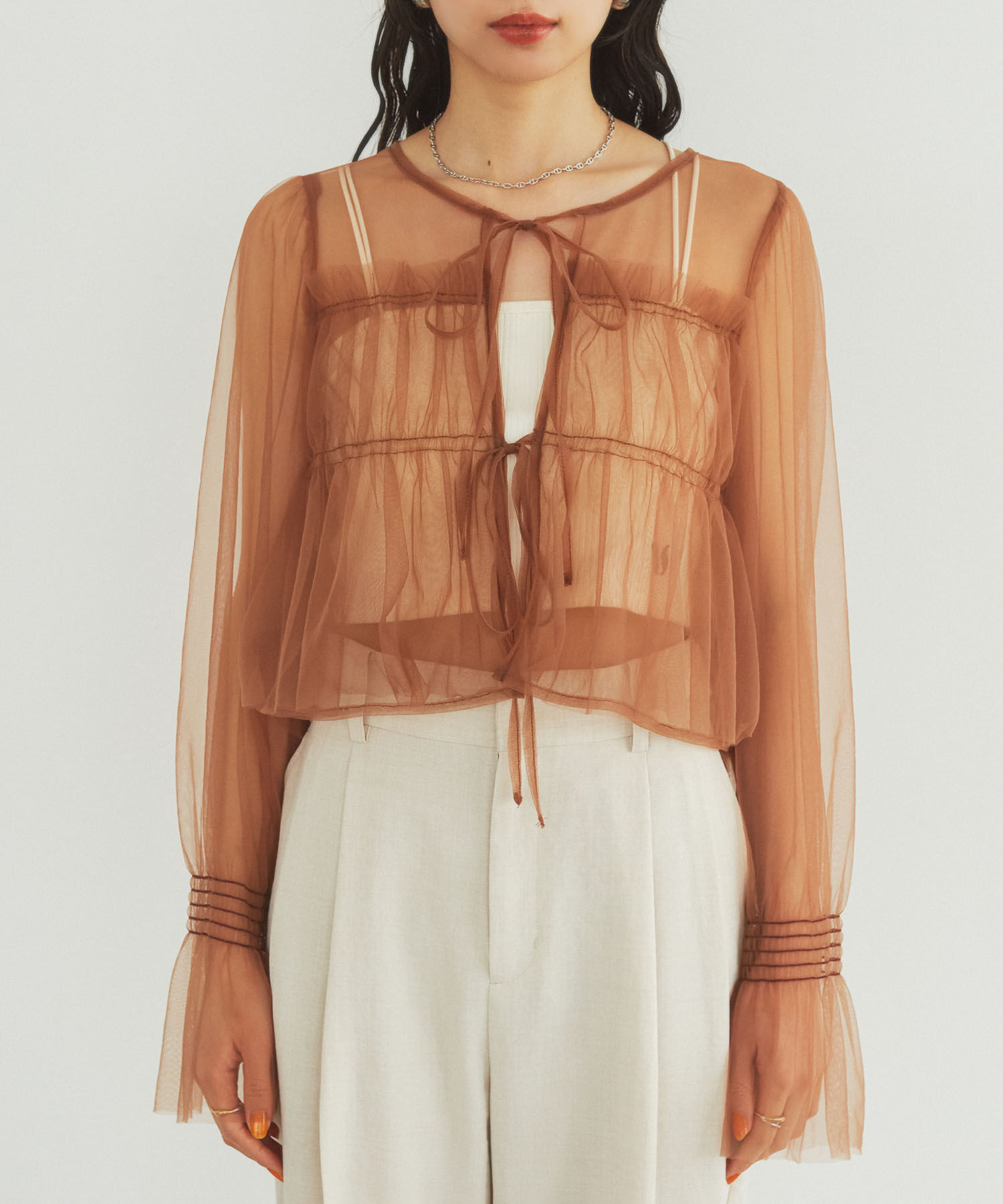 VIS「【前後2WAY】袖シャーリングチュールリボンブラウス」|シャツ・ブラウス|