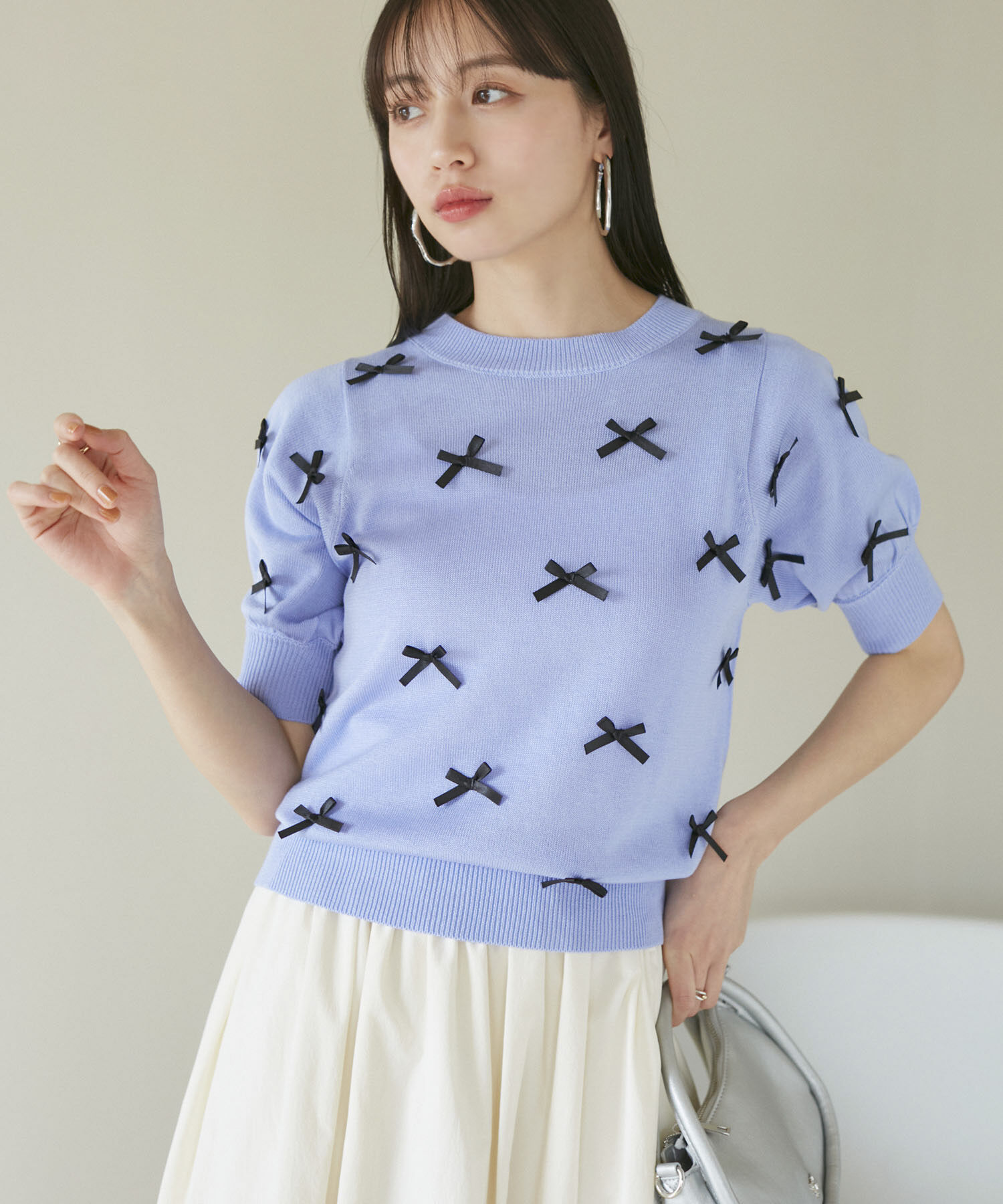 VIS「リボンハーフスリーブサマーニット」|ニット・セーター|ブルー系(47)