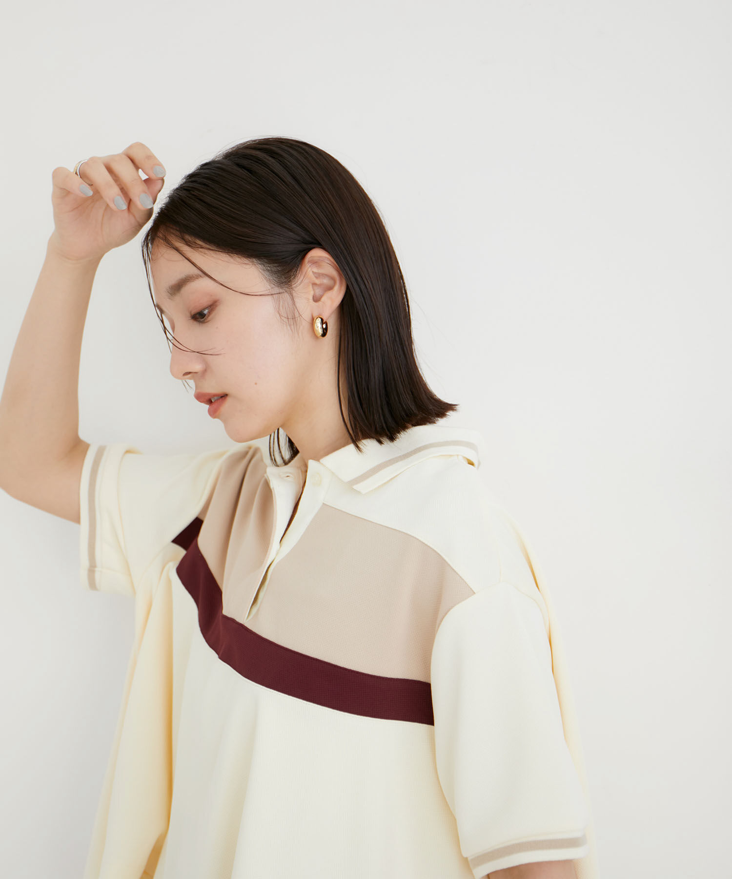 VIS「【洗える】裾フレアポロトップス」|ポロシャツ|