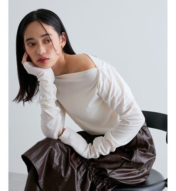 VIS「【洗える】ドレープオフショルダーロングTシャツ」|Tシャツ・カットソー|生成メイン