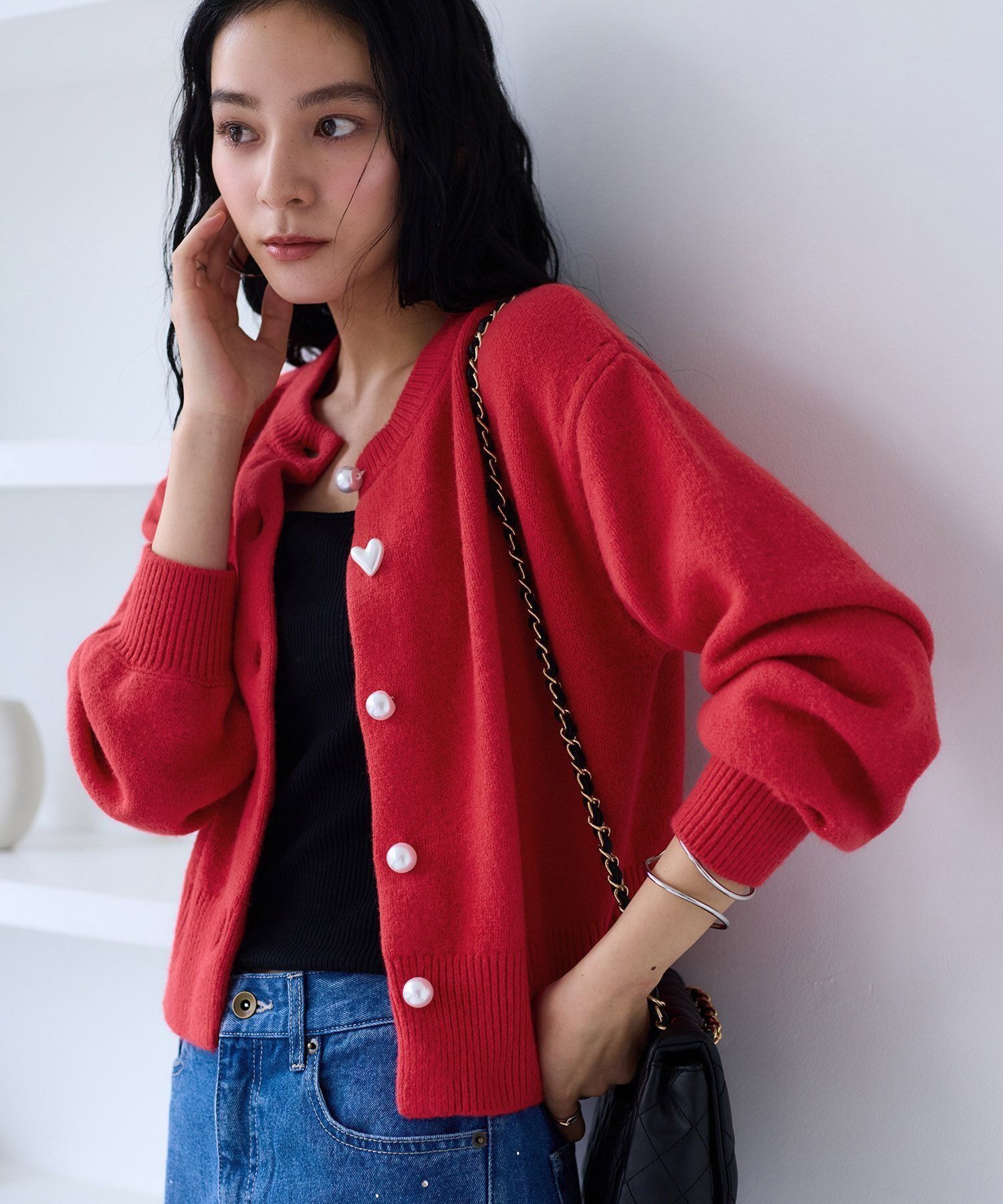 VIS「ハートアソートパール釦ラメミックスカーディガン/イージーケア・一部WEB限定カラー」|カーディガン|レッド(60)