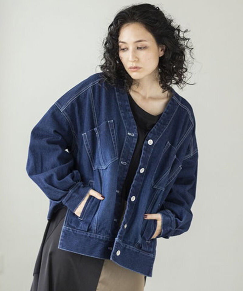  「ノーカラーデニムジャケット」|デニムジャケット|BLUE