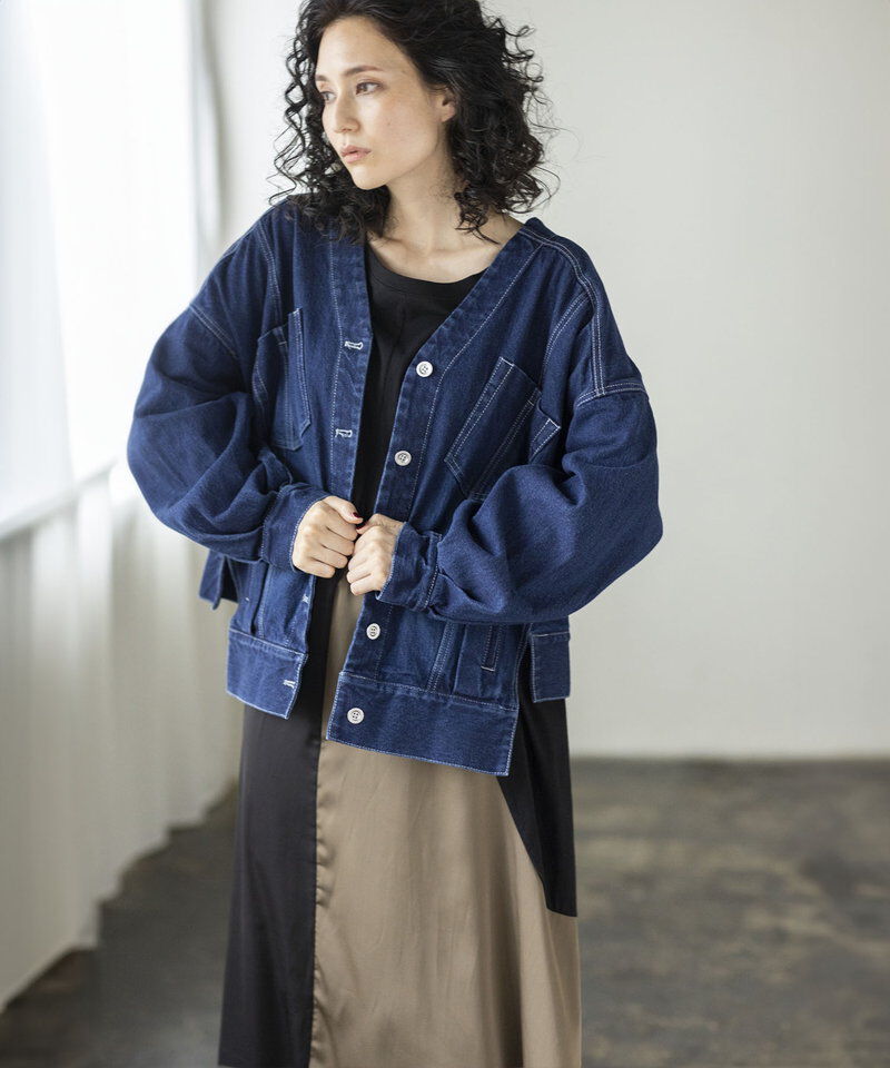  「ノーカラーデニムジャケット」|デニムジャケット|