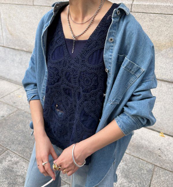  「刺繍前後2WAYレースタンク」|シャツ・ブラウス|ネイビー