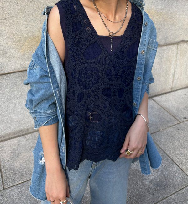  「刺繍前後2WAYレースタンク」|シャツ・ブラウス|