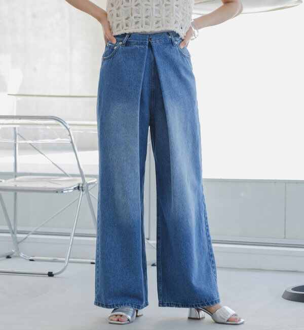  「【3サイズ】デニムタックワイドパンツ」|デニム|