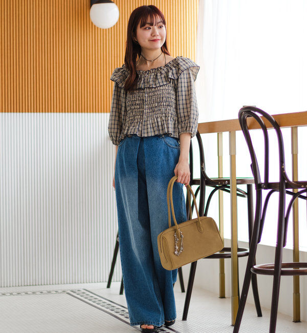  「【3サイズ】デニムタックワイドパンツ」|デニム|