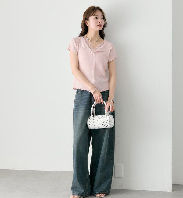  「レースドッキング半袖ニットカーディガン」|カーディガン|