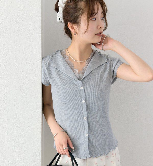  「レースドッキング半袖ニットカーディガン」|カーディガン|グレー