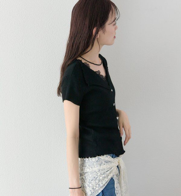 「レースドッキング半袖ニットカーディガン」|カーディガン|