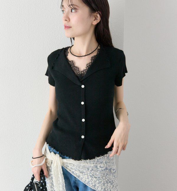  「レースドッキング半袖ニットカーディガン」|カーディガン|