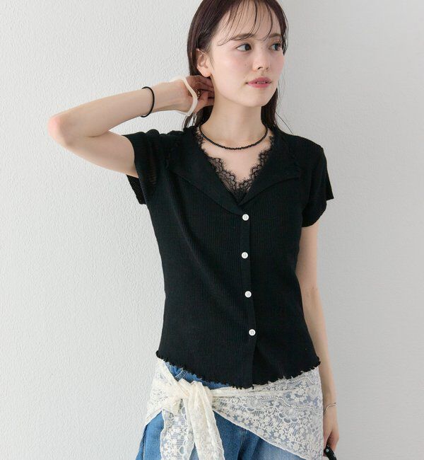  「レースドッキング半袖ニットカーディガン」|カーディガン|