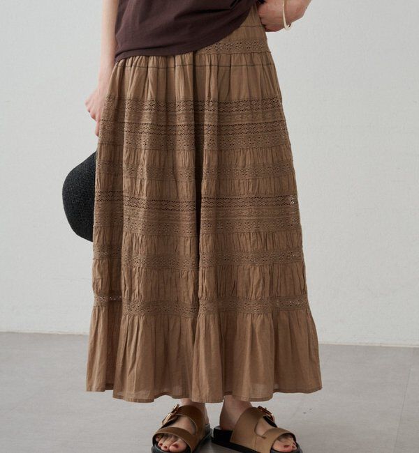  「【INDIA】ギャザーティアードレーススカート」|スカート|ベージュ