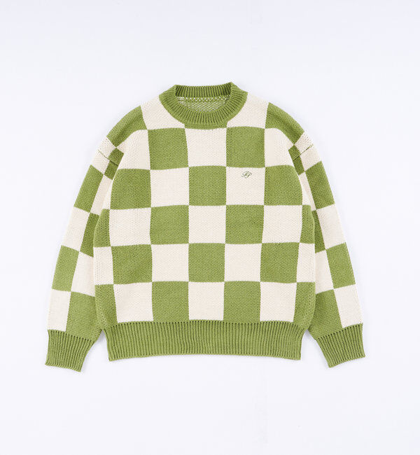 「チェッカー／ボーダー切り替えビッグニット」|ニット・セーター|