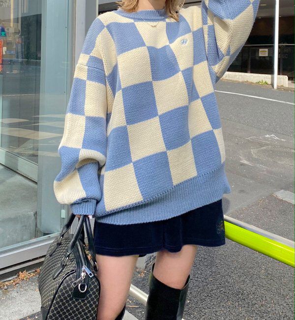  「チェッカー／ボーダー切り替えビッグニット」|ニット・セーター|ホワイトその他1