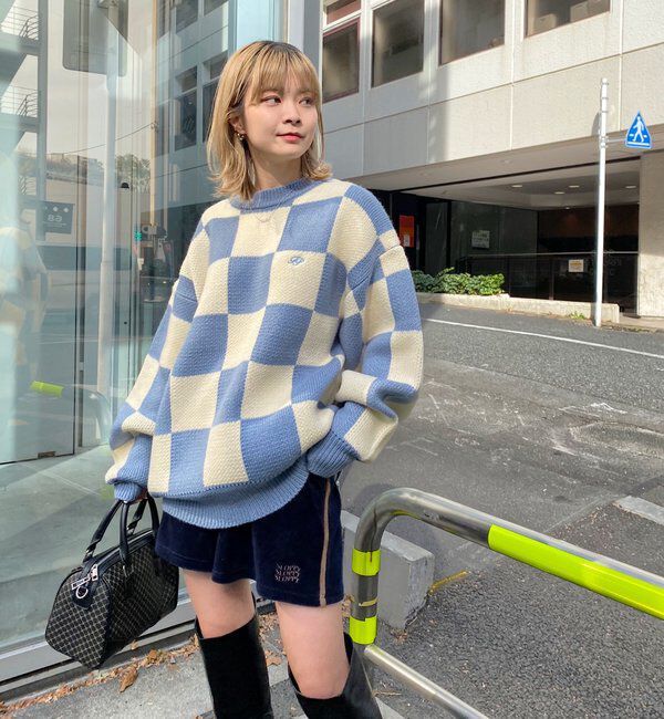  「チェッカー／ボーダー切り替えビッグニット」|ニット・セーター|