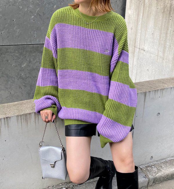  「チェッカー／ボーダー切り替えビッグニット」|ニット・セーター|グリーンイエロー