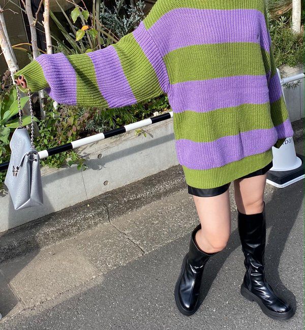  「チェッカー／ボーダー切り替えビッグニット」|ニット・セーター|