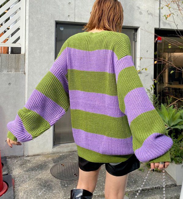  「チェッカー／ボーダー切り替えビッグニット」|ニット・セーター|