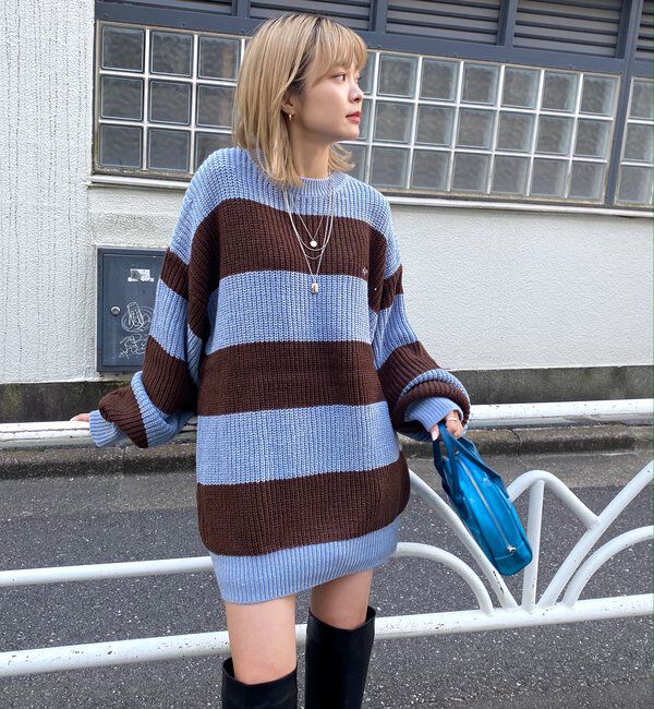  「チェッカー／ボーダー切り替えビッグニット」|ニット・セーター|サックスブルー