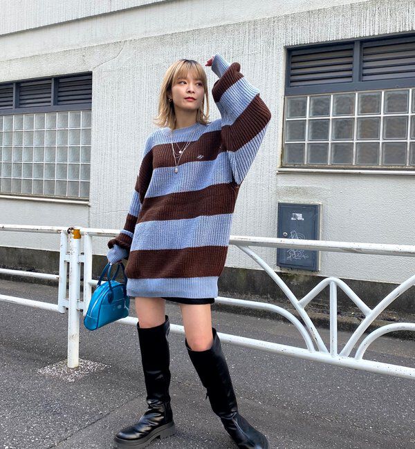  「チェッカー／ボーダー切り替えビッグニット」|ニット・セーター|