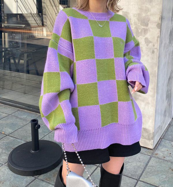  「チェッカー／ボーダー切り替えビッグニット」|ニット・セーター|パープル