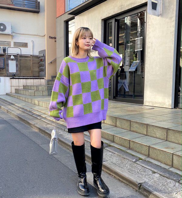  「チェッカー／ボーダー切り替えビッグニット」|ニット・セーター|