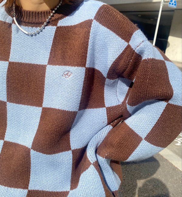  「チェッカー／ボーダー切り替えビッグニット」|ニット・セーター|