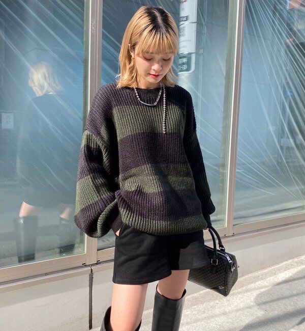  「チェッカー／ボーダー切り替えビッグニット」|ニット・セーター|