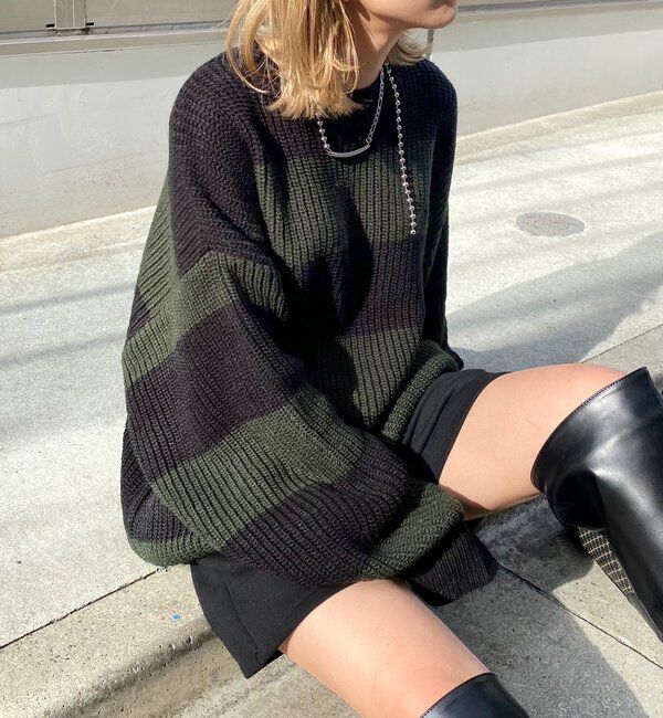  「チェッカー／ボーダー切り替えビッグニット」|ニット・セーター|