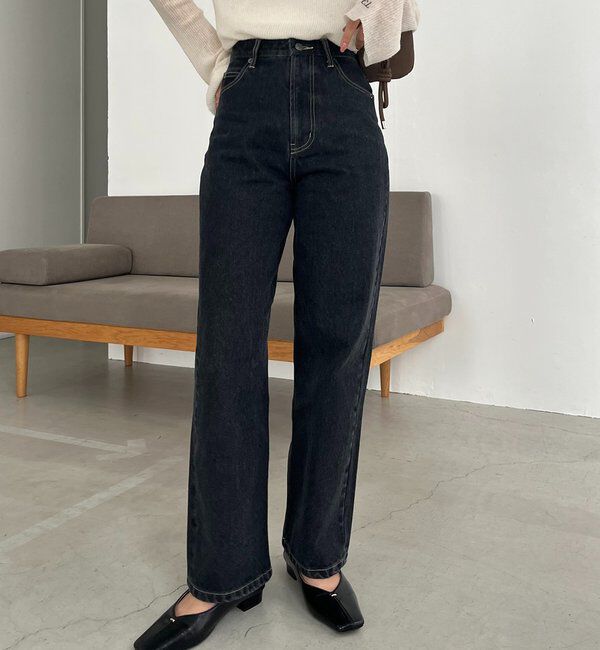  「【コラボ限定カラー/ホワイト・ベージュ】13ozハイウエストストレートデニム」|デニム|ブラック