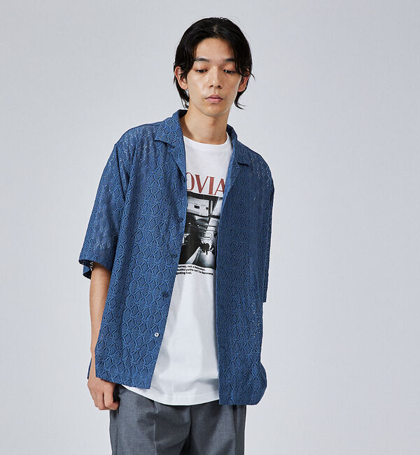 ABAHOUSE「【ジオメトリック柄】 ストレッチ シアーシャツ/レースシャツ」|シャツ・ブラウス|ブルー