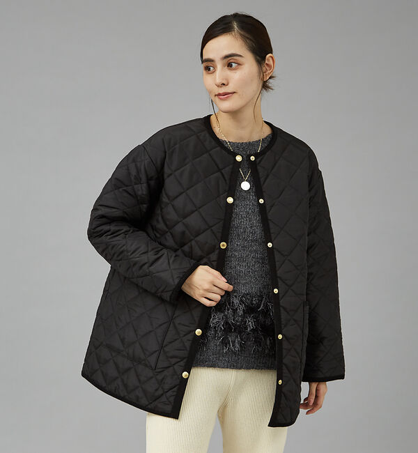 qualite「【TRADITIONAL WEATHERWEAR】キルティングノーカラーミドルブ」|ブルゾン・スタジャン|ブラック