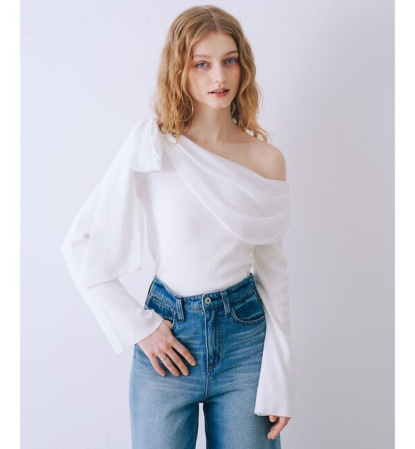 SELFIST「2wayワンショルダーリボン付ニット」|ニット・セーター|オフホワイト