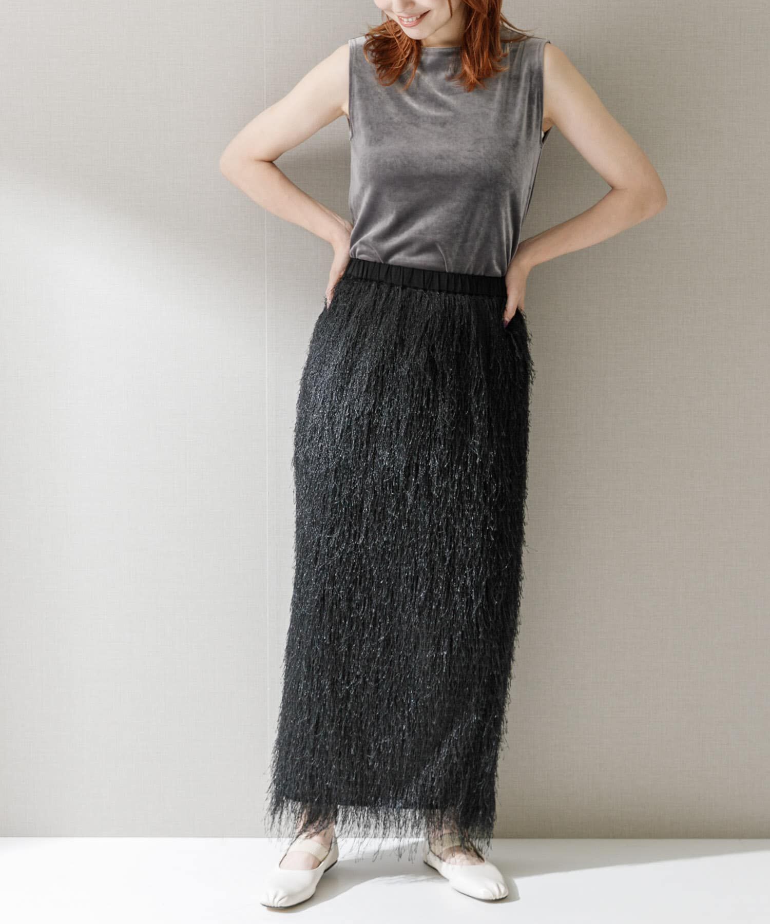 URBAN RESEARCH ROSSO「ELENDEEK　FRINGE STRAIGHT SKIRT」|スカート|ブラック