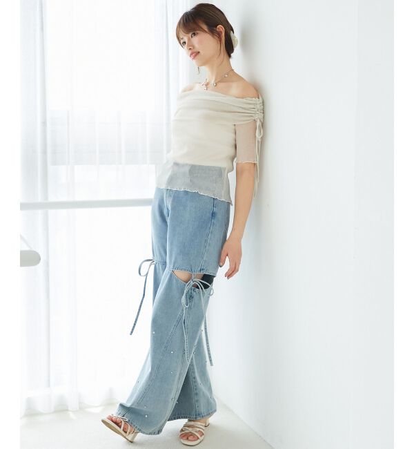  「&infin;ラメチュールオフショル半袖トップス」|Tシャツ・カットソー|